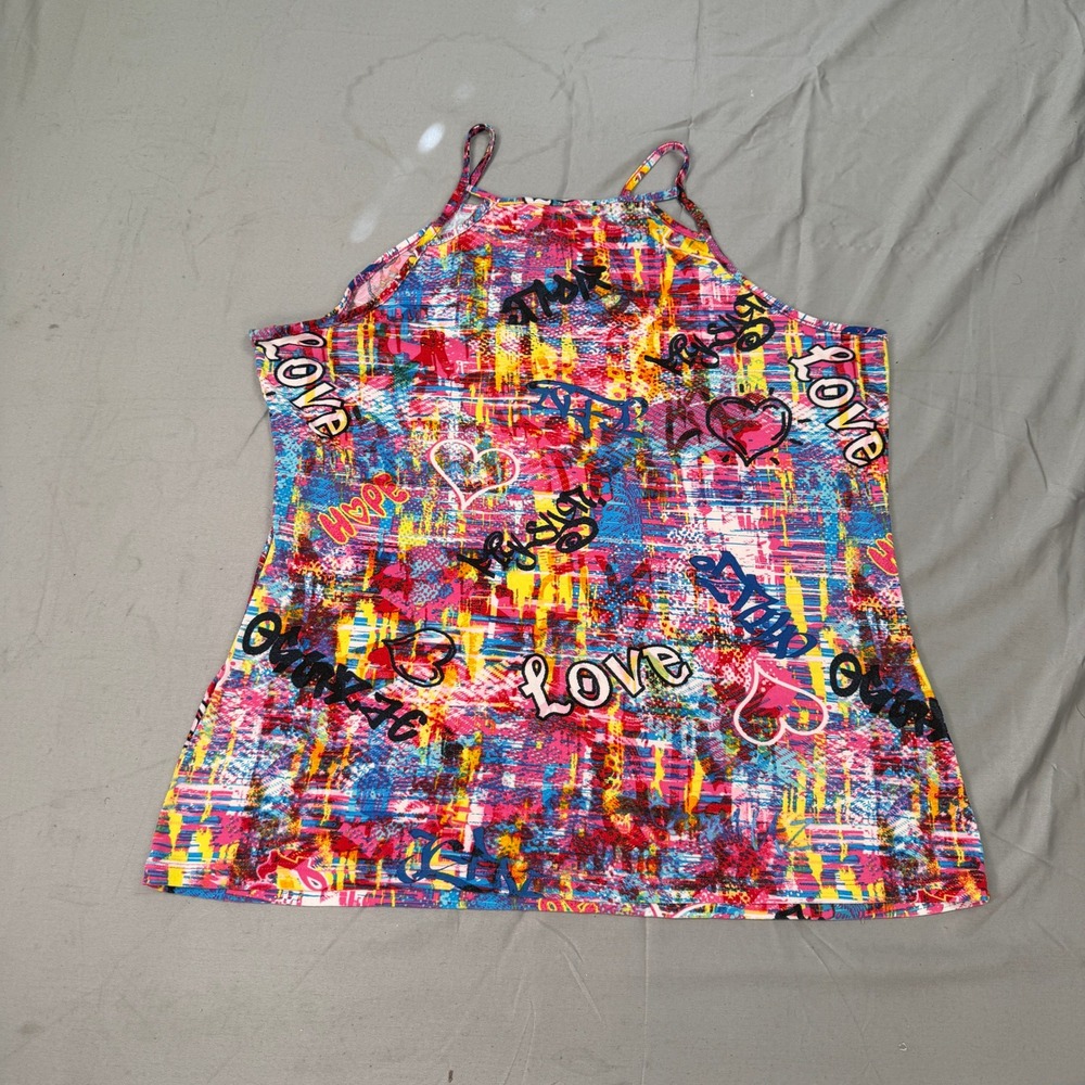 Rouge Collection Graffiti Print Halter Tank Top Multi Color Hearts 2X Womens
